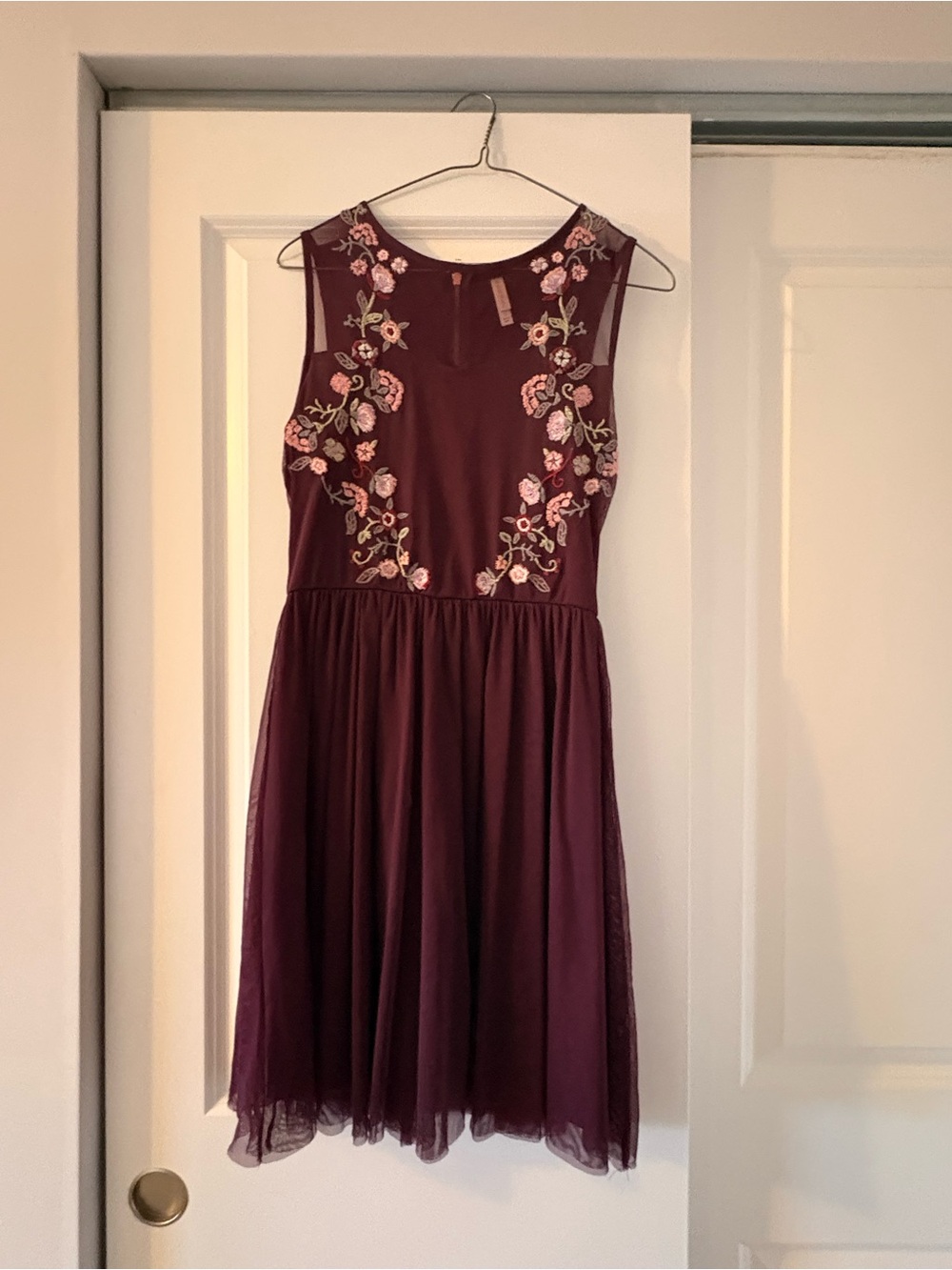 Burgundy Floral Embroidered Sleeveless Mesh Dress